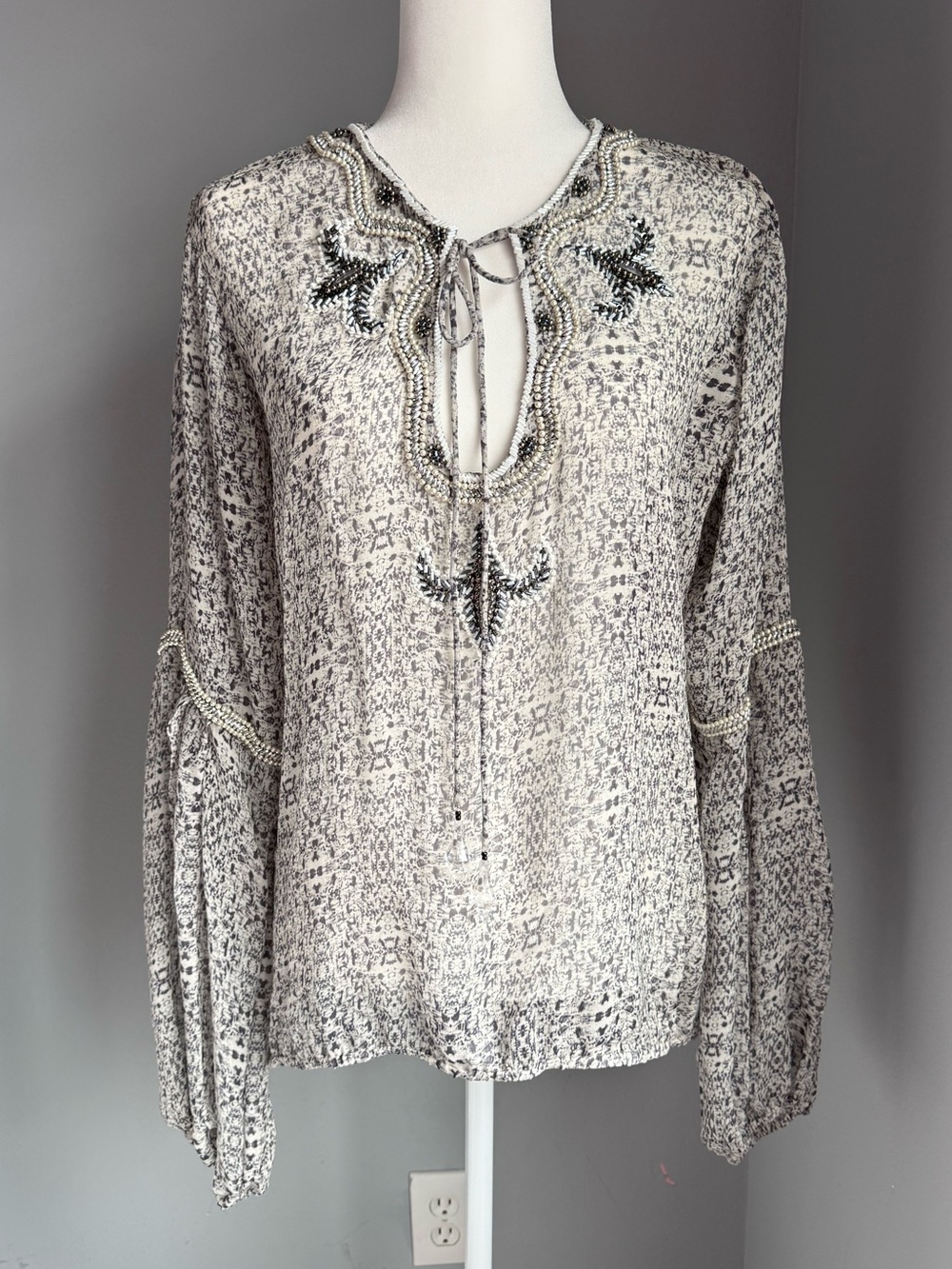 TAJ by Sabrina Crippa Top Silk Tie-Neck Women's Boho Blouse Beaded Grey Black
